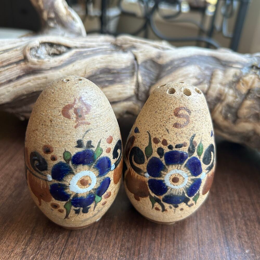 Tonala Salt and Pepper Shakers Flower Design Hand Painted Mexican Pottery￼